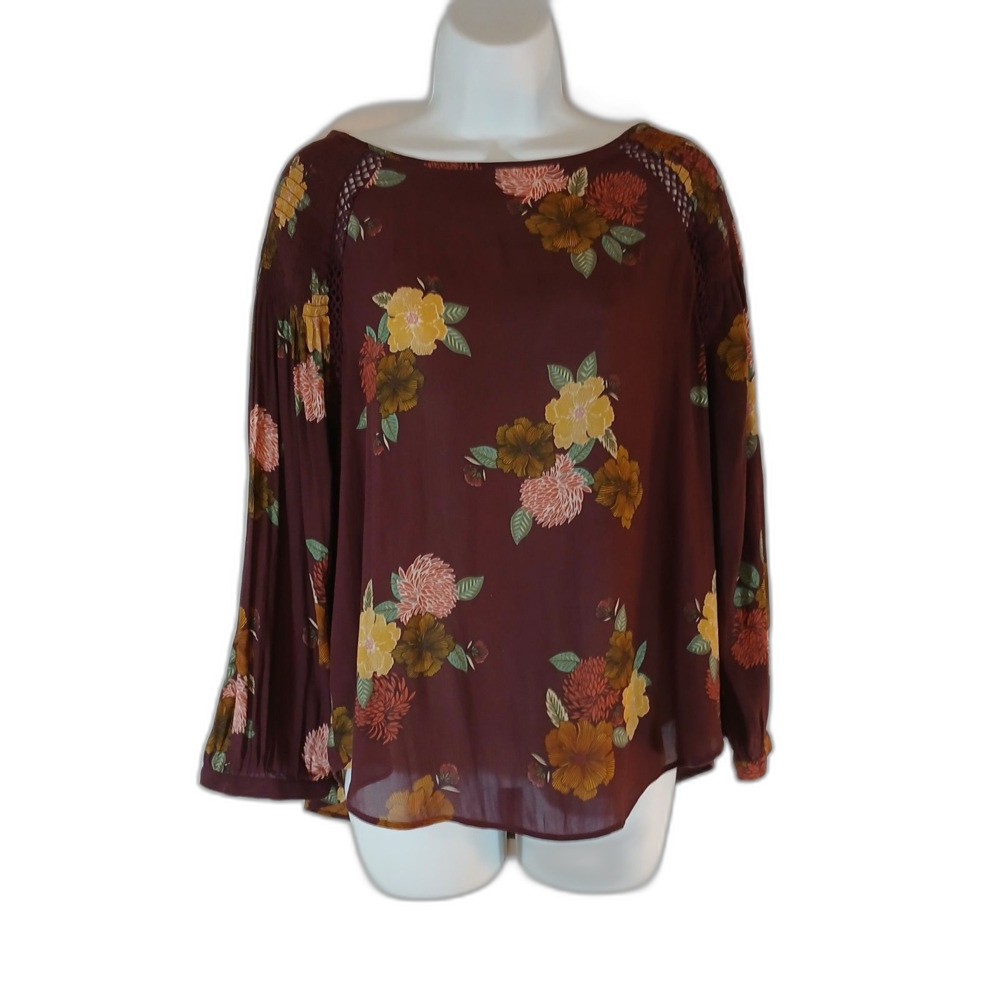 Loft Top Maroon Floral long crinkle sleeve crochet sz L travel office wear party